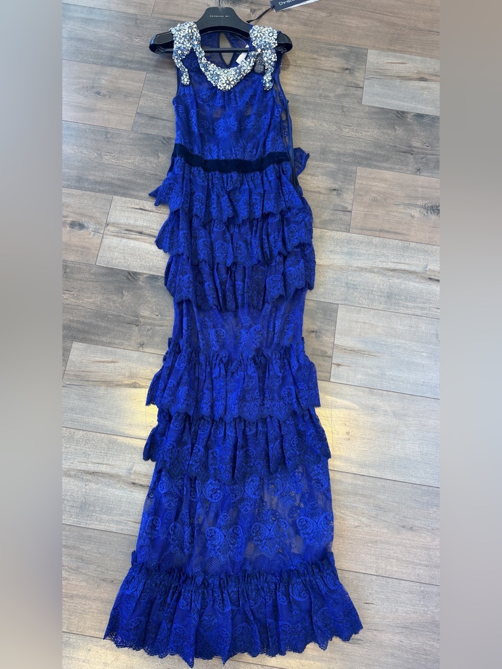 Christian Pellizzari Royal Blue Tiered Lace & Embellished Gown